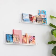 two white shelves with books on them next to a potted plant and a wall mounted book shelf