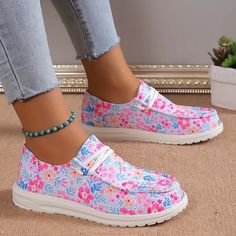 Women's Floral Pattern Print Canvas Shoes, Slip-On Loafers with Lightw Trendy Spring Canvas Slip-on Sneakers, Casual Pink Flat Slip-ons, Pink Comfortable Canvas Shoes For Spring, Comfortable Pink Canvas Shoes For Spring, Pink Rubber Sole Slip-ons For Spring, Casual Slip-ons With Flat Heel For Spring, Floral Print Canvas Shoes For Summer, Pink Flat Heel Canvas Shoes For Summer, Comfortable Pink Canvas Shoes For Summer