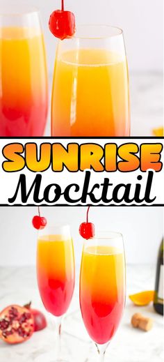 two glasses filled with orange juice and topped with a cherry on the rim, next to a bottle of sunrise cocktail