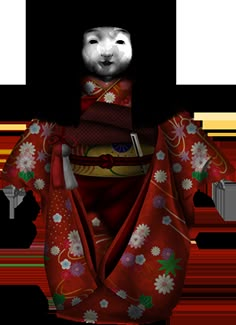 an image of a geisha doll with black hair and red kimono on white background