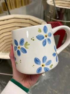 a hand holding a coffee cup with blue flowers painted on the outside and yellow centers