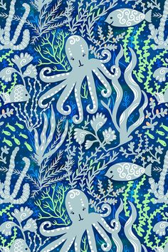 an octopus and seaweed pattern on blue background