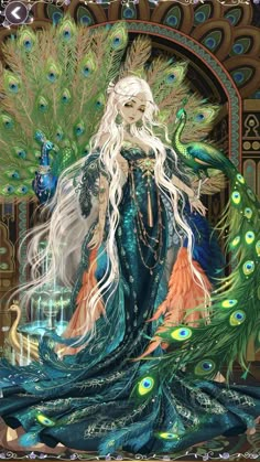 a woman with long white hair standing in front of a peacock