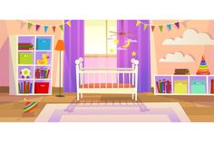 the room is decorated in pastel colors and has a crib, bookshelf, toys, and curtains