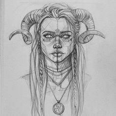 a drawing of a woman with horns on her head