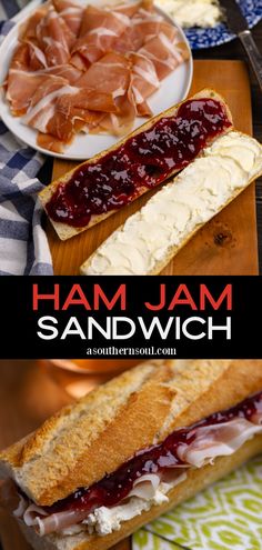 ham and jam sandwich on a cutting board