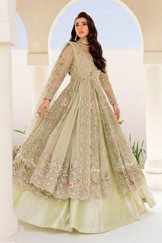 Pakistani Gown and Latest Bridal Lehenga Designs is a beautiful attire adorned with Hand-worked embellishments. This Lehenga Dress is available Online. Net Gown Designs, Shadi Outfits, Marriage Outfit, Henna Dress, Indian Night, Pakistani Gown, Latest Bridal Lehenga Designs, Insta Reel, Dresses Pakistani