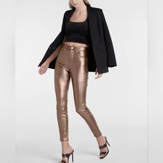 Express Jeans Metallic High-Waisted Faux Leather Skinny Pants In Brass/Copper Trendy Metallic Leggings For Night Out, Metallic High Waist Fitted Bottoms, Sleek Fitted Metallic Bottoms, Trendy High Waist Gold Pants, Trendy Fitted Metallic Bottoms, Elegant Fitted Metallic Bottoms, Metallic High Rise Fitted Bottoms, Fitted High Rise Metallic Bottoms, Metallic Leggings For Fall Party