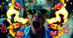 a man wearing sunglasses and screaming with fire coming out of his mouth in front of him