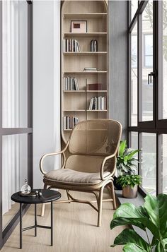 a living room filled with furniture and bookshelves next to a window covered in plants