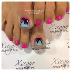 nails -                                                      Hot pink - Lavender - Sky blue - Black - Ombre - Palm trees - Toenail design Magic Nails, Super Nails, Vacation Nails