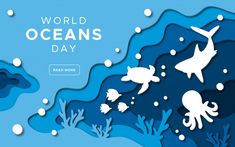 the world oceans day banner with sea animals and fish on blue background, paper cut style