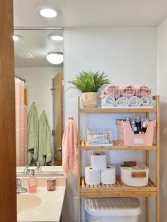 the bathroom is clean and ready to be used as a storage area for toiletries