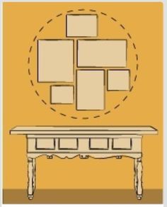 a drawing of a table with several pictures on it and a circle around the table