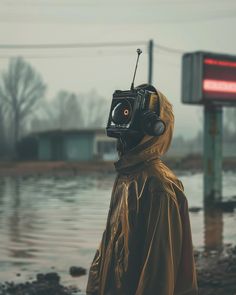 a man in a yellow raincoat with a radio on his head standing next to a flooded street