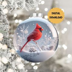 a glass ornament with a red cardinal on it's side and snowflakes in the background