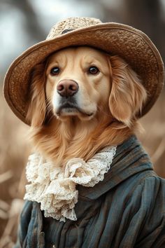 a golden retriever dog wearing a hat and dress