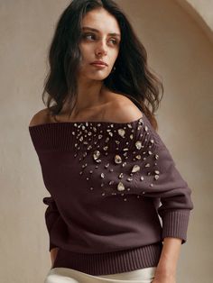 Elegant Off-Shoulder Beaded Pullover Sweater Brown Casual  Three Quarter Length Sleeve Knitwear Colorblock,Plain,All Over Print Pullovers Slight Stretch  Women Clothing, size features are:Bust: ,Length: ,Sleeve Length: Sweater Brown, Long Sleeve Pullover Sweater, Long Sleeve Knit Tops, Brown Sweater, Print Pullover, Kids Sleepwear, Kids Beachwear, Long Sleeve Cardigan, Knitwear Women