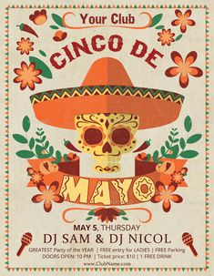 a mexican day of the dead flyer with a skull wearing a sombrero