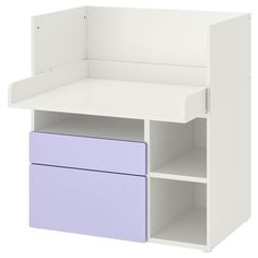 a white and purple shelf with two drawers