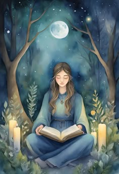 a woman sitting in the middle of a forest reading a book with candles around her