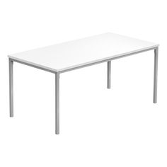 a white rectangular table with metal legs on an isolated white background, viewed from the front