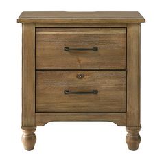 a wooden night stand with two drawers on one side and an open drawer on the other