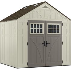 an outdoor storage shed with two doors and windows on the top, side by side