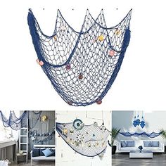 a collage of photos with blue and white furniture in the background, an image of a net hanging from the ceiling