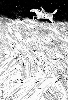 a black and white drawing of a horse running in the grass with stars above it