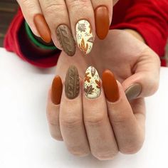 24pcs Christmas Long Almond Brown Fake Nails Press On Nails Maple Leaf French False Nails Finished Acrylic Round Nails Wearable - AliExpress Thanksgiving Nail Designs, Unghie Nail Art, November Nails, Trendy Nail Art Designs, Nagel Tips, Sweater Nails, Easy Nails, Her Nails, Thanksgiving Nails