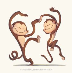 two monkeys are dancing with their arms in the air