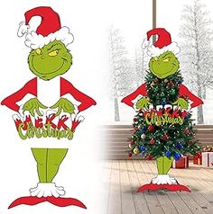 the grinch christmas tree has been decorated with red and green lights, while the grinch is wearing a santa hat