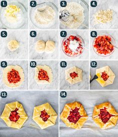 the steps to make strawberry shortbreads are shown in several different stages, including making them