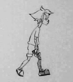 a black and white drawing of a person walking with a hat on top of his head