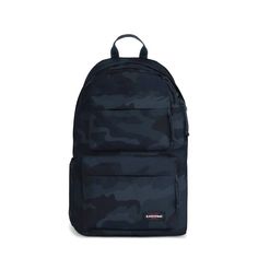 a black backpack with camouflage print on the front