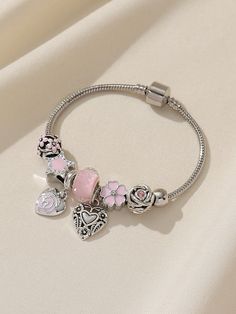 Silver Pandora Bracelet With Rose Gold Charms, Women's Silver Jewelry, Jewellery And Accessories, Sweet 16 Bracelets, Gold Wrist Jewelry, Cute Cheap Jewelry, Yk2 Bracelet, Silver Braclate, Fake Pandora Bracelet