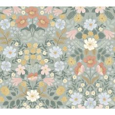 a floral wallpaper with many different flowers and leaves in pastel colors on a light green background