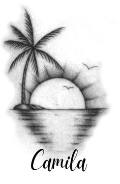 a black and white drawing of a palm tree in the ocean with the word camila on it