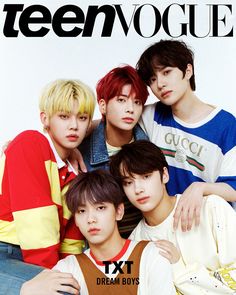 the cover of teenvoque magazine featuring four young men in front of a white background