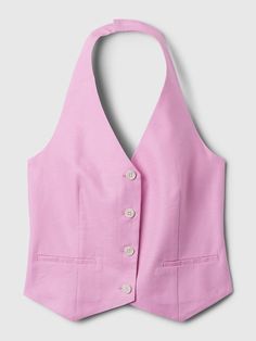 Linen-Cotton Halter Vest | Gap Linen Vest For Daywear, Sleeveless Linen Vest For Daywear, Gap Linen Tops For Workwear, Fitted Linen Tank Top For Spring, Chic Summer Vest For Daywear, Elegant Linen Tank Top For Spring, Chic Cotton Tank Top With Buttons, Spring Cotton Vest For Daywear, Cotton Vest For Spring Daywear