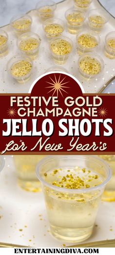 festive gold champagne jello shots for new year's eve party with text overlay