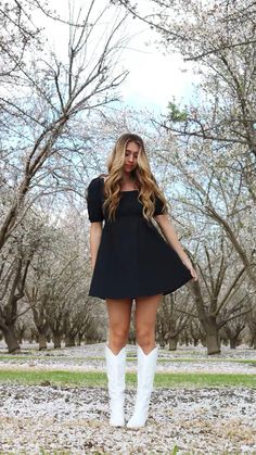 Semi Formal Dresses With Cowboy Boots, Homecoming Dresses With Cowgirl Boots, Tall Boots Short Dress, Short White Dress With Cowboy Boots, Dresses With Cowgirl Boots Wedding Guest, Hoco Dresses With Boots, Cowboy Boots Outfit Fall Jeans, Cowboy Boots With Dress Wedding Guest