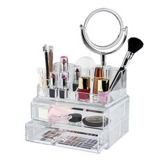 Elle Clear Acrylic Cosmetic Organizer with Vanity Mirror Wood Makeup Organizer, Makeup Organizer With Mirror, Acrylic Makeup Organizer, Clear Makeup Organizer, Makeup Case Organization, Compact Makeup, Clear Makeup, Acrylic Organizer Makeup, Makeup Brush Organization