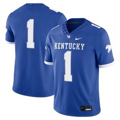 the kentucky football jersey is blue and has white letters that read 1, with one on it