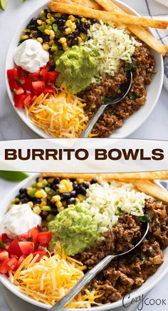 two plates filled with burrito bowls and chips