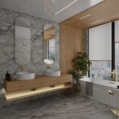 a bathroom with marble walls and flooring next to a large window overlooking the city