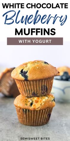 two blueberry muffins stacked on top of each other with text overlay