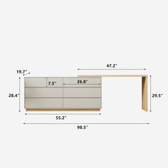 the sideboard is shown with measurements for each drawer and door, as well as its height