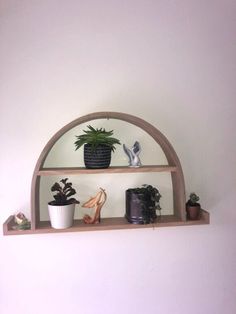 a couple of shelves that have some plants on top of each shelf in front of the wall